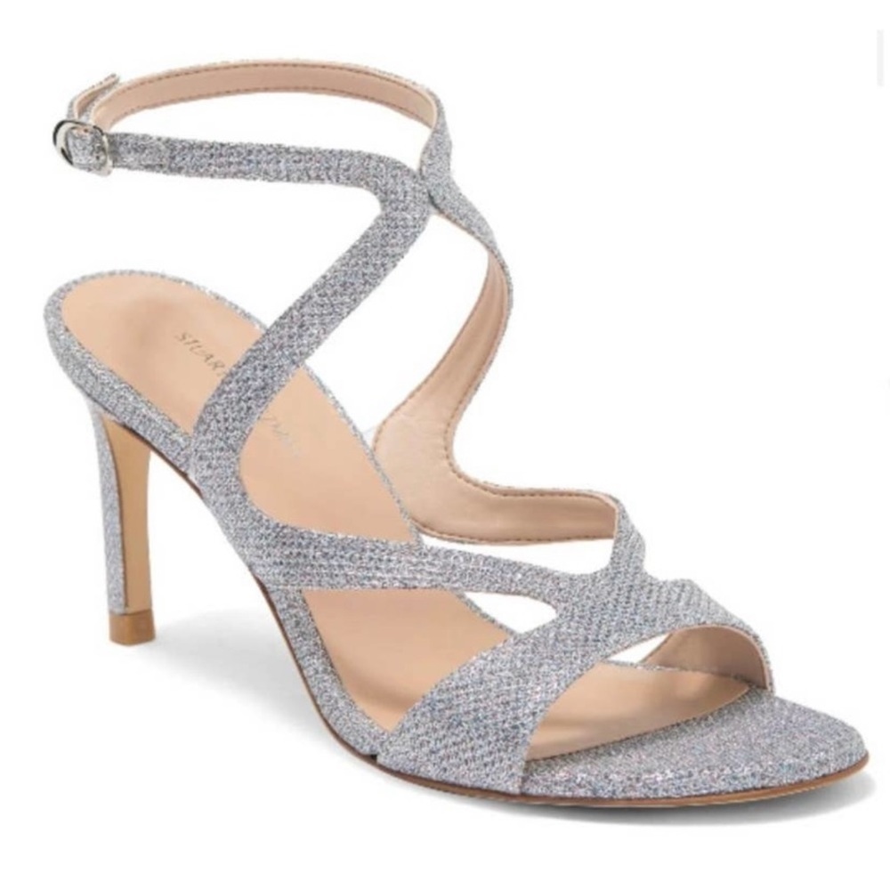 Stuart Weitzman Mariposa 80 Open Toe Sandals Metallic Silver Size 10
